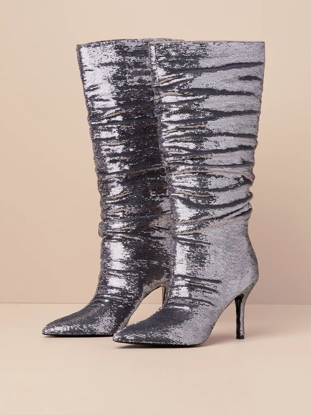 D'Amelio Footwear - Silver Sequin Pointed-Toe Slouchy Knee-High Boots